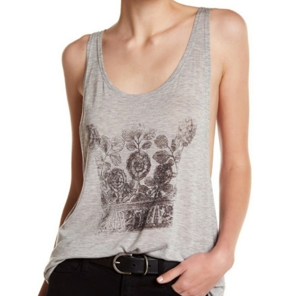Haute Hippie Tank Top Scoop Neck Sleeveless 100% Modal Graphic Print Grey M NWT